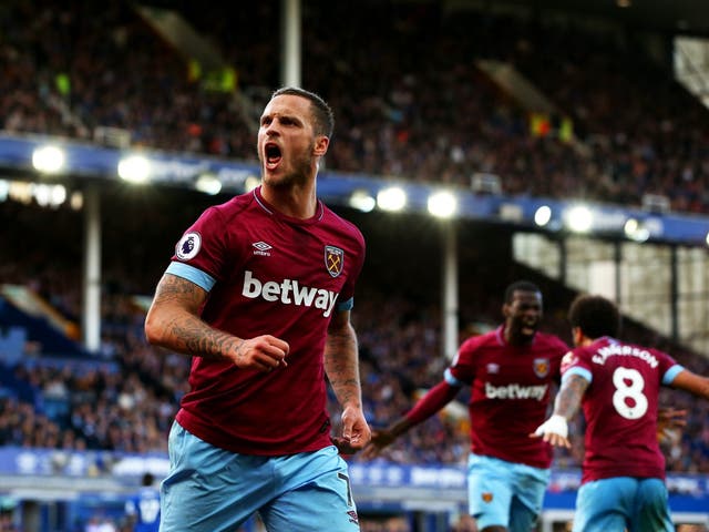 Marko Arnautovic scored West Ham’s third at Goodison Park