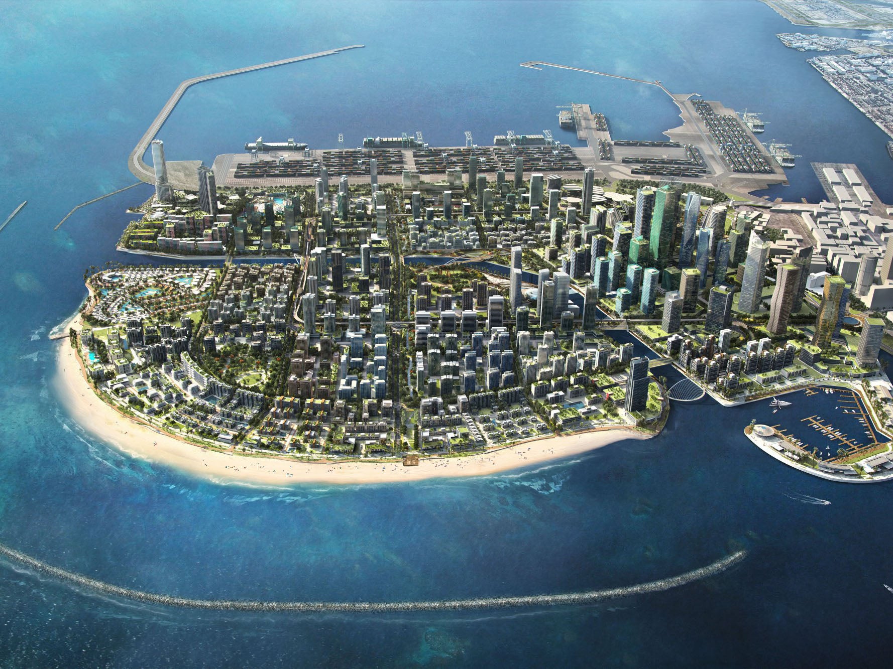 An aerial rendering of Port City