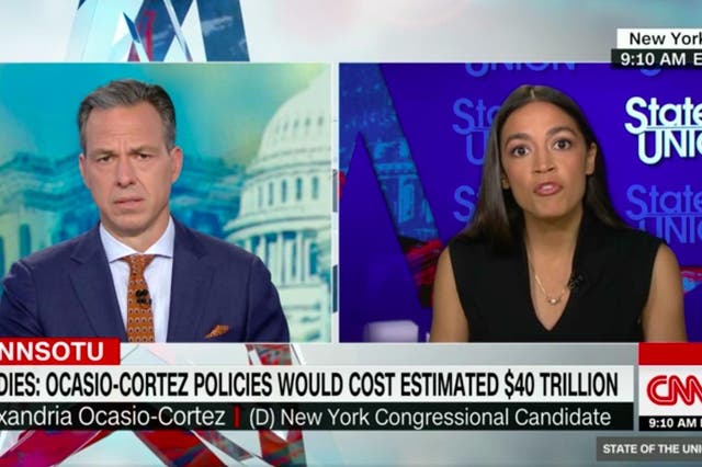 CNN's Jake Tapper pressed Democratic Socialist and New York congressional candidate Alexandria Ocasio-Cortez on her costly progressive platform in a Sunday morning interview, 16 September 2018.