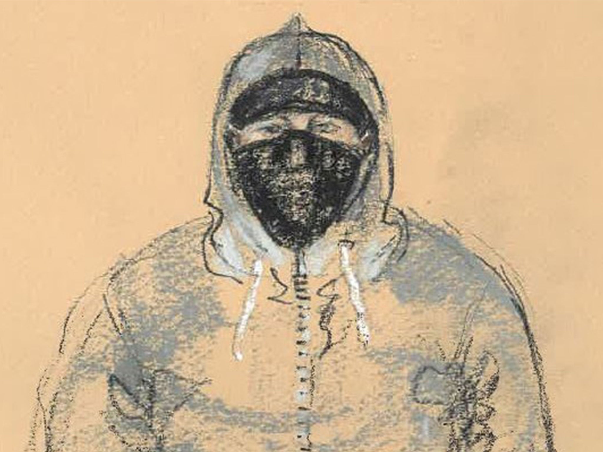 An artist's impression of the suspect as described by prosecutors as 'sinister' at Derby Crown Court