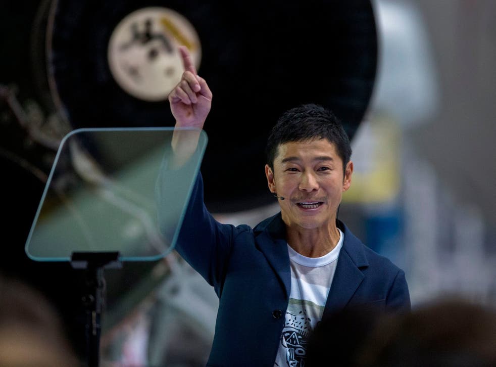Japanese billionaire Yusaku Maezawa at his unveiling in Hawthorne, California, as the first private passenger to fly around the moon aboard the SpaceX Big Falcon Rocket
