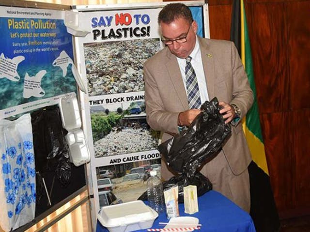 Minister without Portfolio in the Ministry of Economic Growth and Job Creation, Hon. Daryl Vaz, looks at some of the plastic products that the Government will ban starting January 2019.
