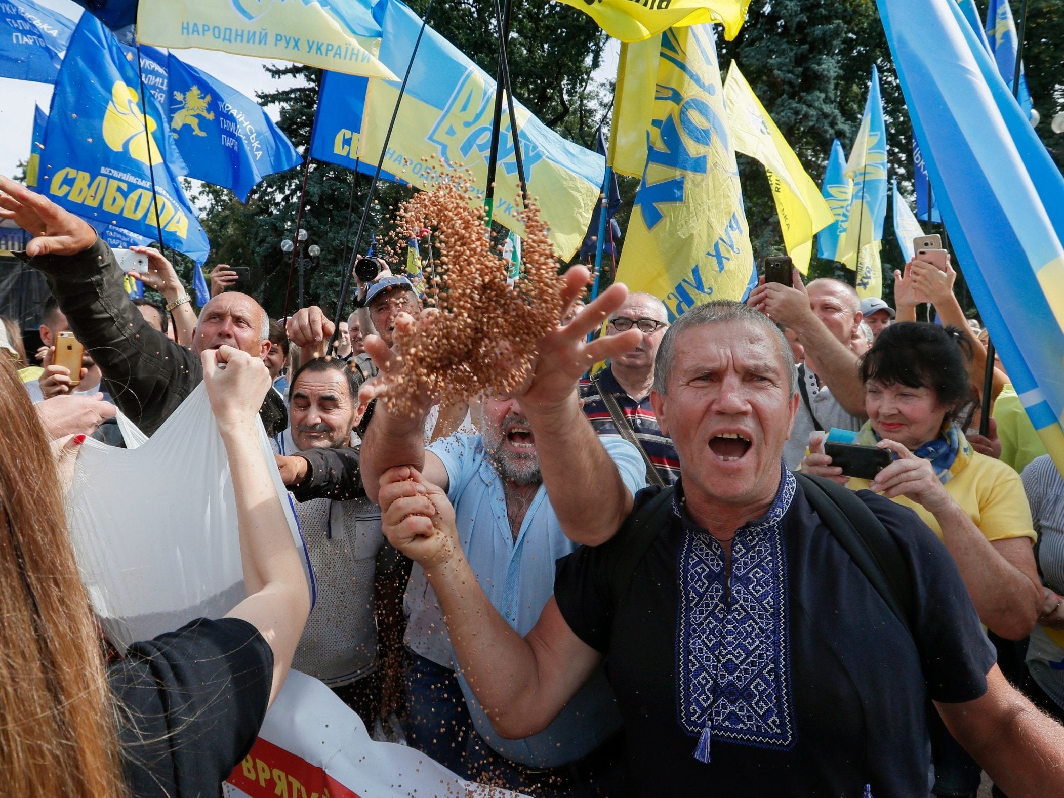 Protesters throw buckwheat as a symbol of corrupted elections during a recent rally near parliament in Kiev