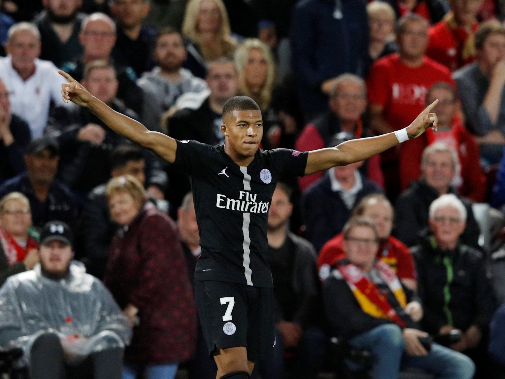 Kylian Mbappe celebrates his late leveller for PSG