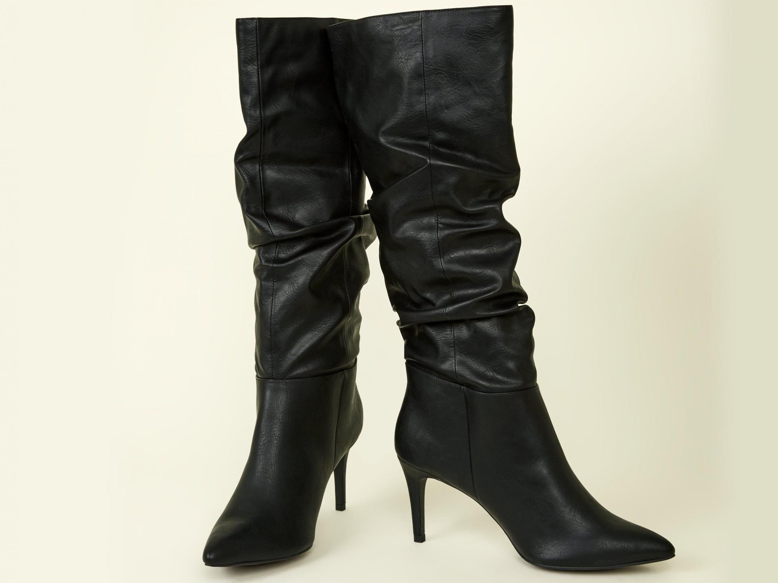 Black Leather-Look Knee High Stiletto Slouch Boots, £39.99, New Look