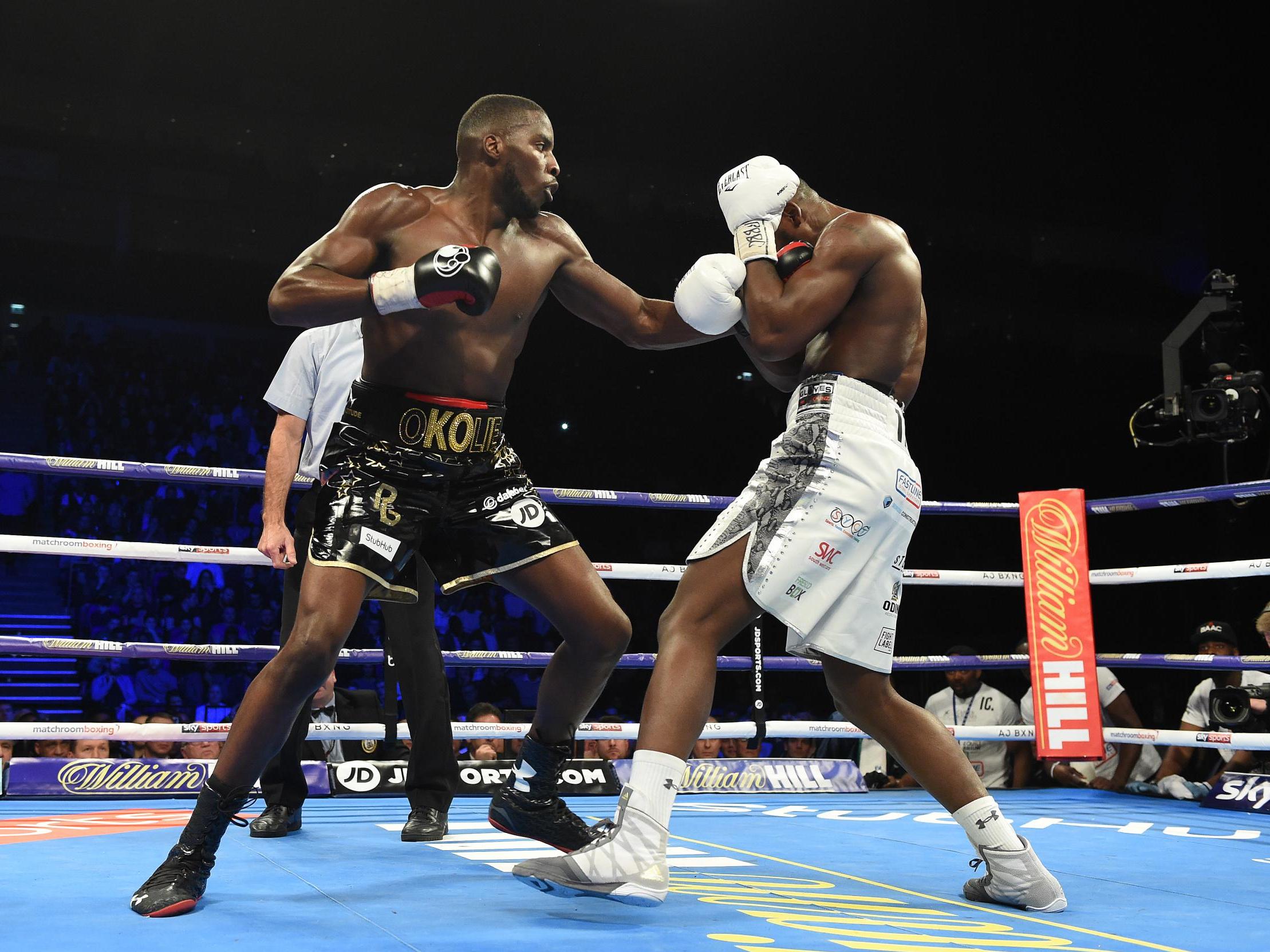 Okolie action against Issac Chamberlain during their fight for the vacant WBA Continental Cruiserweight title