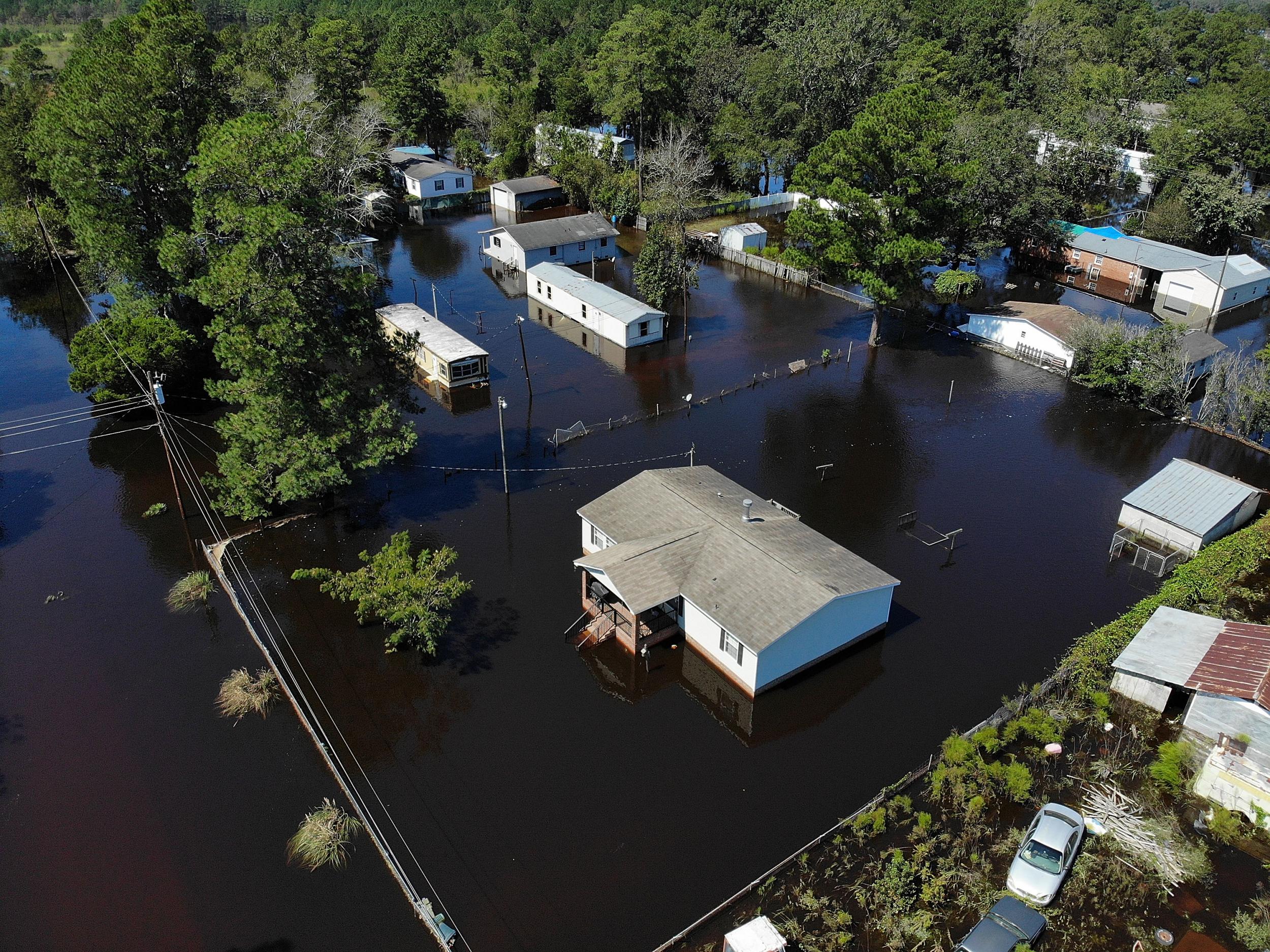 Flood waters isolate homes in Lumberton, North Carolina, in the aftermath of Hurricane Florence last September