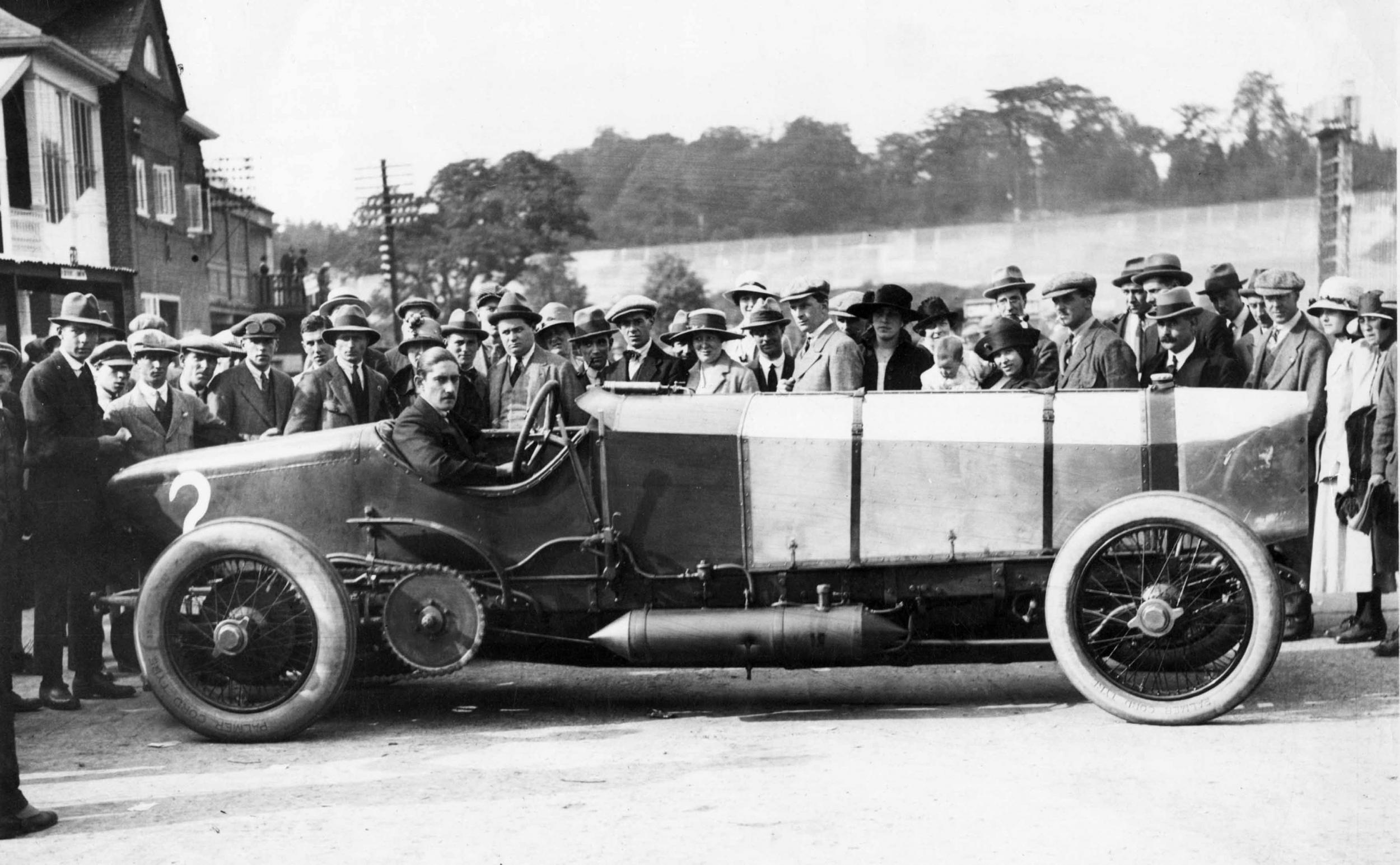 Count Louis Zborowski with Chitty Bang Bang 1 at Brooklands motor racing circuit