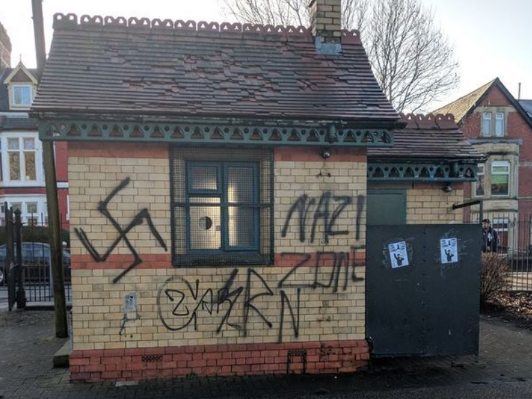 The graffiti appeared in the Grangetown area of Cardiff