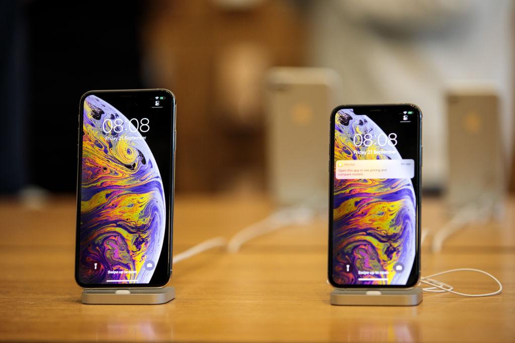 The iPhone XS Max and the iPhone XS on display at the Apple Regent Street store during their launch on September 21, 2018 in London, England.