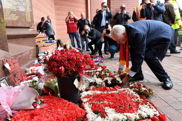 Labour leader Jeremy Corbyn visits the Hillsborough memorial at Anfield in Liverpool