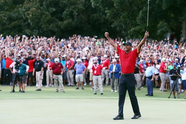 Tiger Woods celebrates his win at East Lake, Atlanta in September