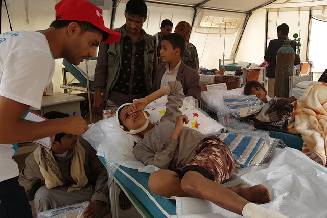 A boy injured by in the attack on a school bus in Saada, August 9th during which dozens of children aged between 6 and 14 were killed