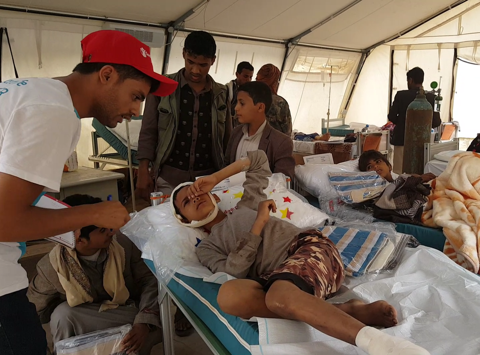 A boy injured by in the attack on a school bus in Saada, August 9th during which dozens of children aged between 6 and 14 were killed