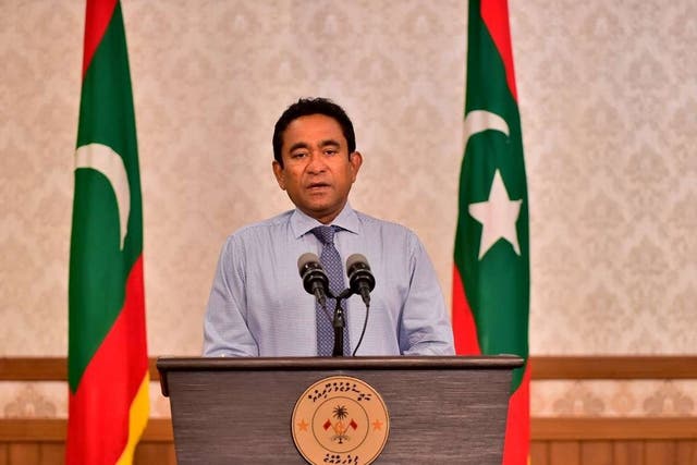 Maldivian President Yameen gives a statement conceding defeat at the presidential office in Male