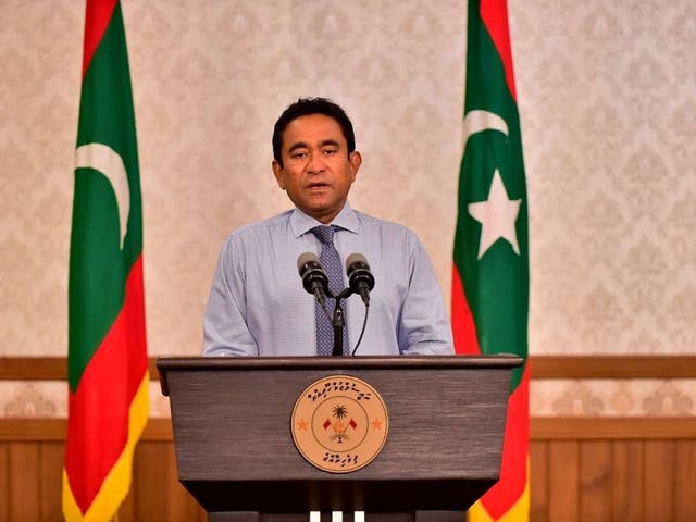 Maldivian President Yameen gives a statement conceding defeat at the presidential office in Male