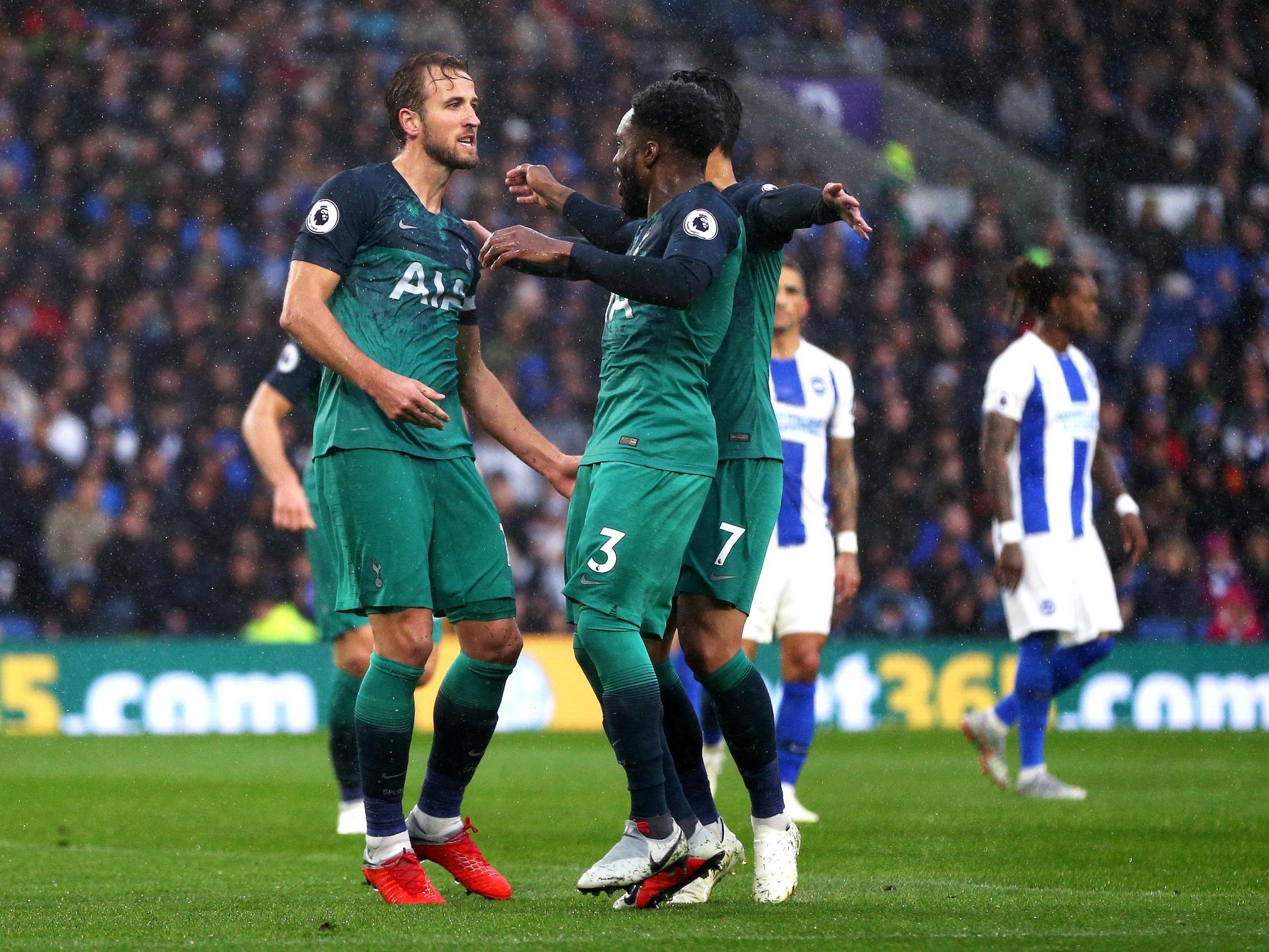 Danny Rose celebrates with Harry Kane after the forward's opener for Spurs on Saturday