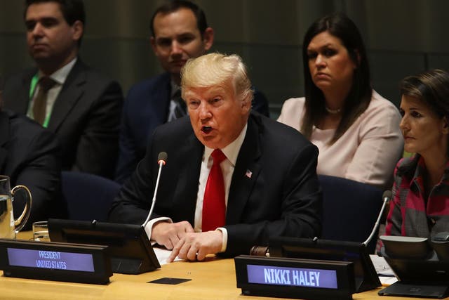 President Donald Trump attends a meeting on the global drug problem at the United Nations a day ahead of the official opening of the 73rd United Nations General Assembly on 24 September 2018