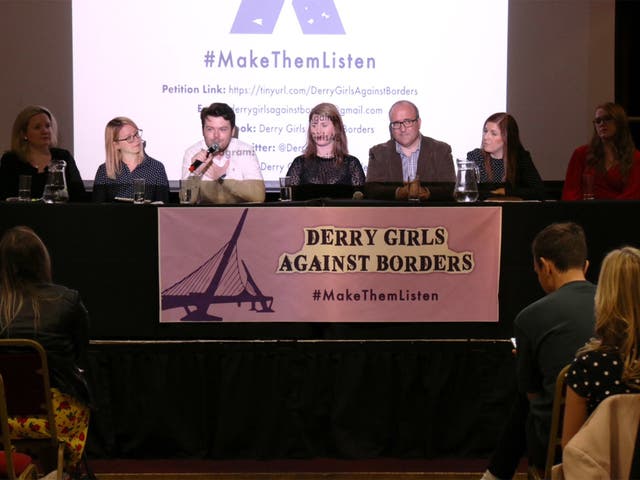 The panel chairs a meeting of Derry Girls Against Borders at the London Irish Centre in Camden