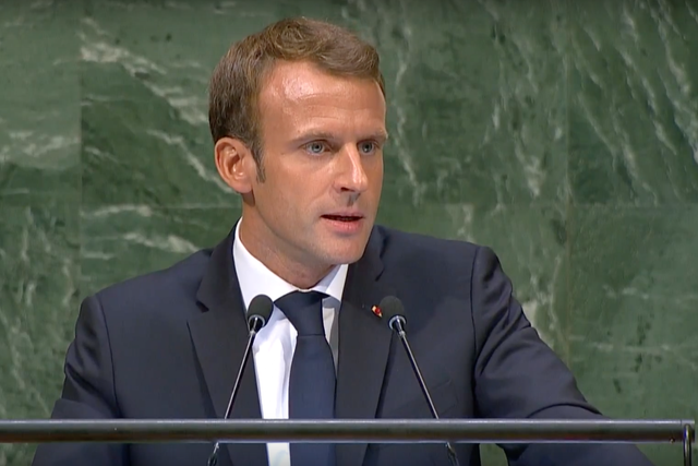 French President Emmanuel MAcron delivered an impassioned speech at the 2018 United Nations General Assembly in which he called on other nations to reject trade deals with "powers that do not respect the Paris Climate Accord" 25 September 2018