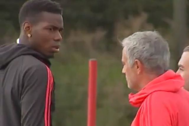 Paul Pogba and Jose Mourinho pictured at Manchester United training