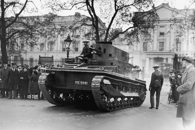 A British armoured tank leaving Wellington Barracks in London on the penultimate day of the general strike