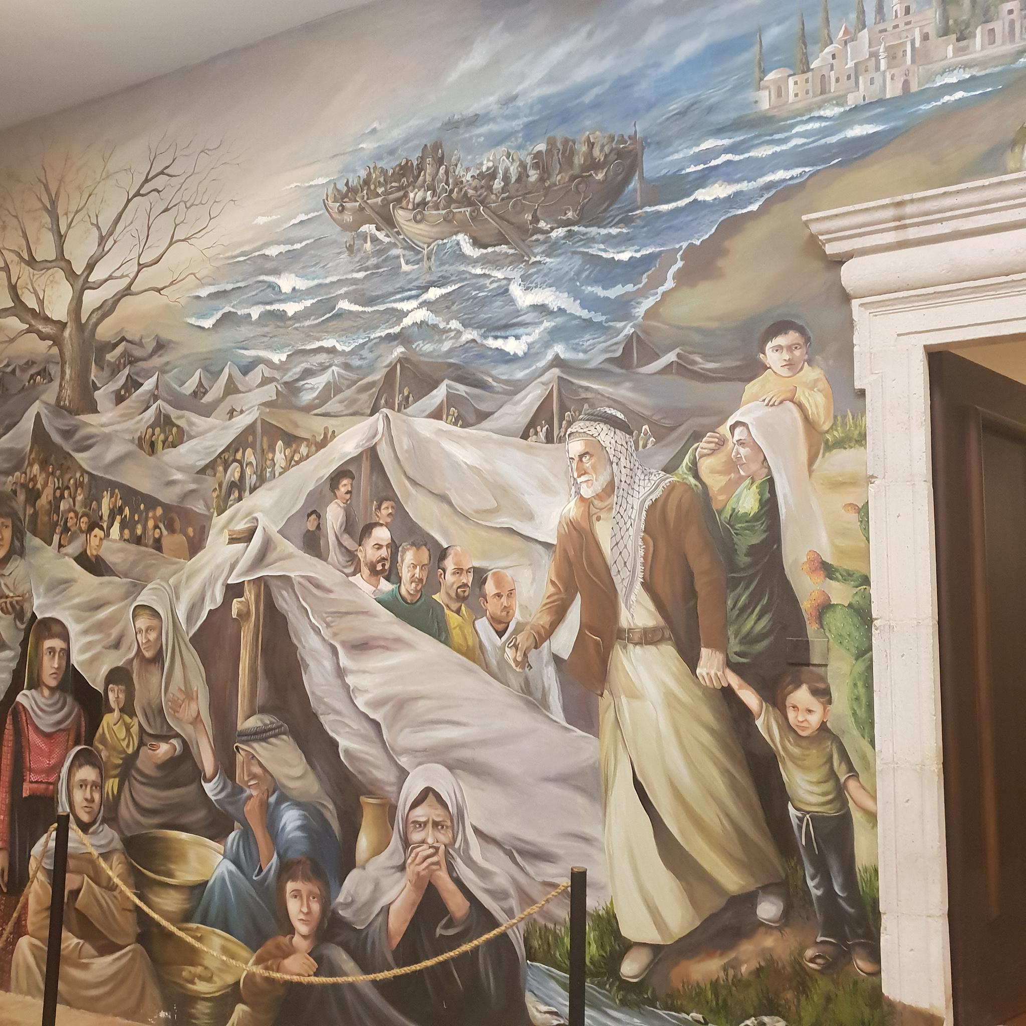 A wall-painting in the basement of Munib Musri's Italianate villa depicts the 'Nakba' – the Arab exodus from Palestine in 1948