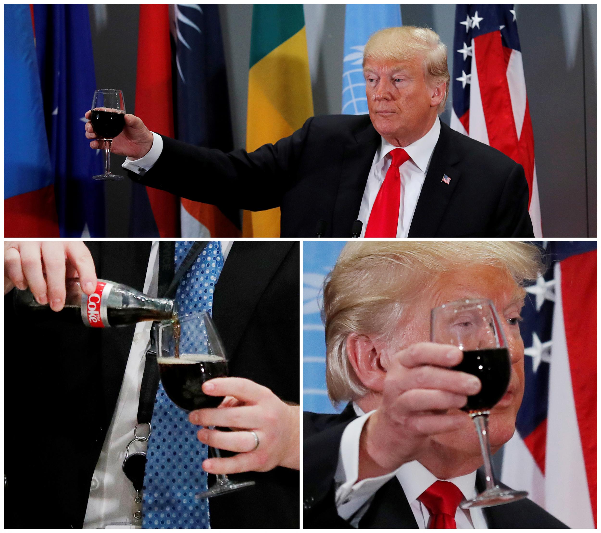 A White House staff member from the presidential food service pours a Diet Coke (lower L) for U.S. President Donald Trump before the start of a luncheon and U.S. President Donald Trump raises his glass in a toast during a luncheon for world leaders (Top and R) in this combination photo at the 73rd session of the United Nations General Assembly in New York, 25 September 2018.