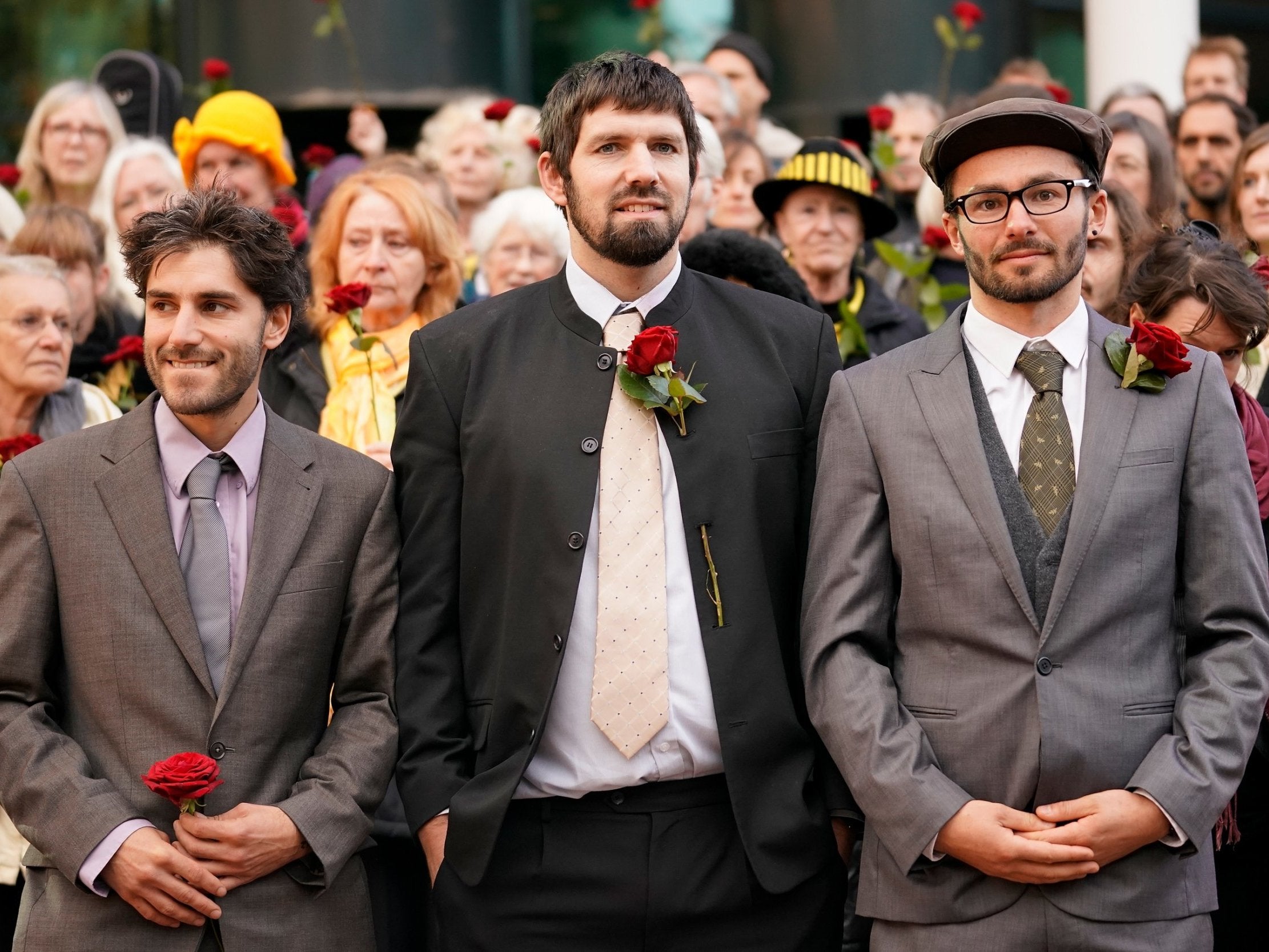 Anti-fracking protesters (left to right) Rich Loizou, Richard Roberts and Simon Roscoe Blevins outside Preston Crown Court