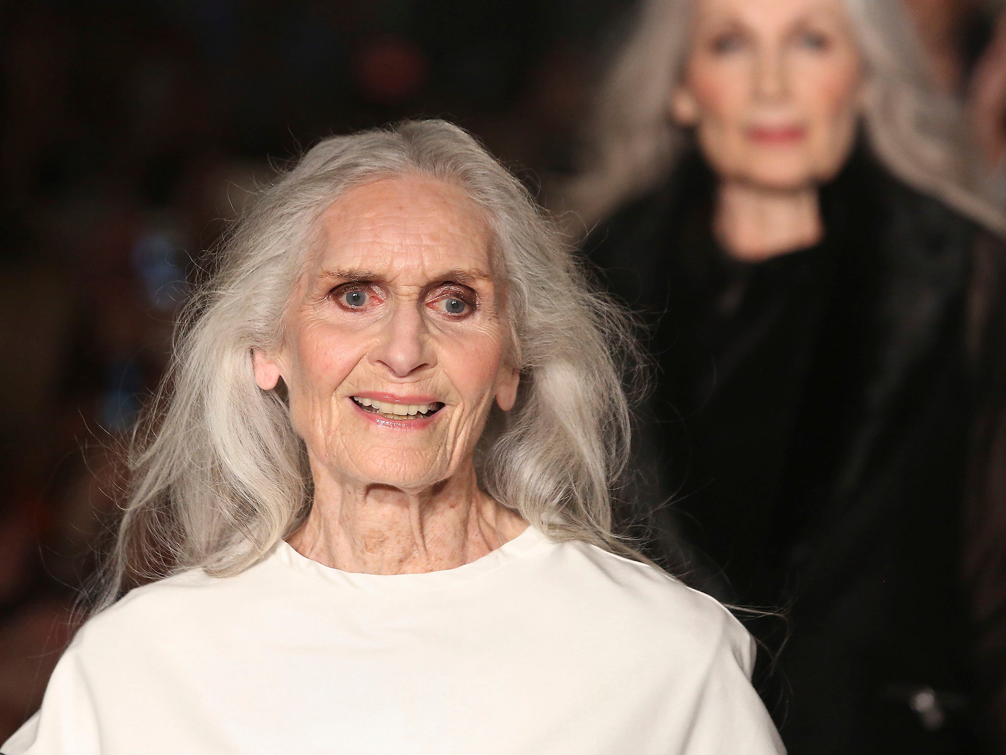 Daphne Selfe (left), 87, on the catwalk at the Fifty Plus Fashion Week at Cafe Royal in London, launched by retailer JD Williams.
