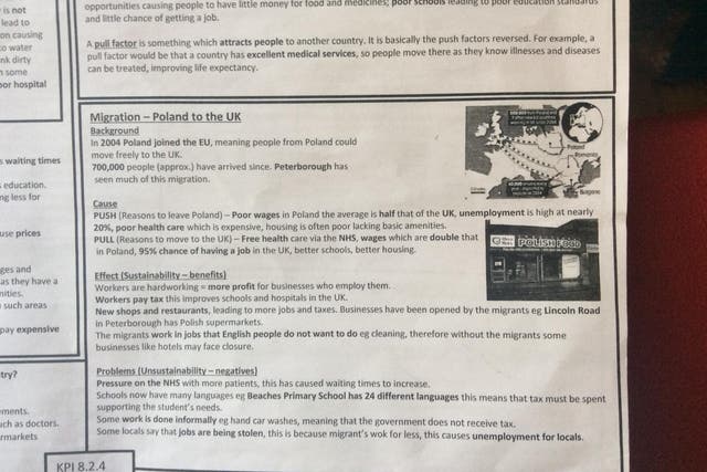 Year 8 pupils at Walthamstow Academy in north London received a booklet earlier this month titled 'essential knowledge' in which a section of migration claimed people from Poland were attracted to the UK due to 'free healthcare' and 'better schools'