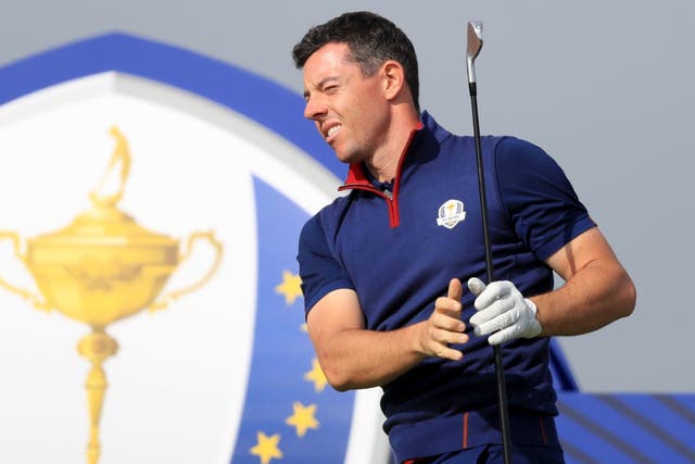 Team Europe's Rory McIlroy reacts