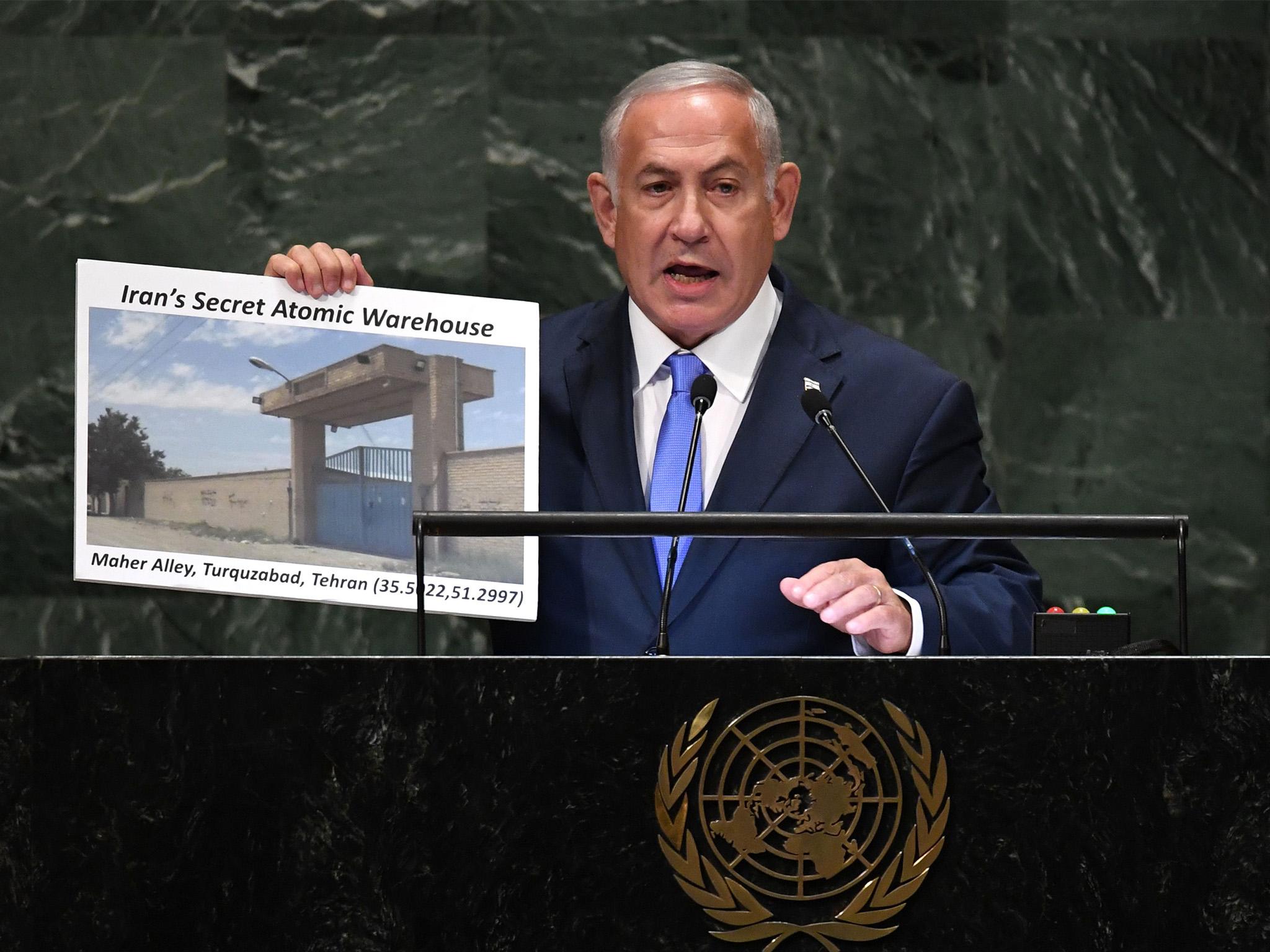 Evidence of a secret atomic warehouse in Tehran is presented by Israeli prime minister Benjamin Netanyahu (Timothy Clary/AFP/Getty)