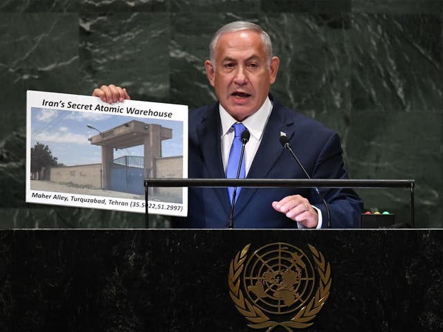 Evidence of a secret atomic warehouse in Tehran is presented by Israeli prime minister Benjamin Netanyahu