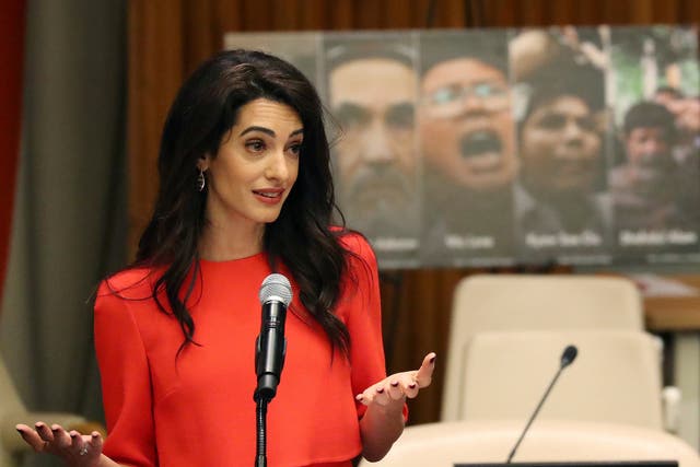 Amal Clooney speaks during the Press Behind Bars: Undermining Justice and Democracy Justice event during the 73rd session of the United Nations General Assembly at UN headquarters in New York, 28 September, 2018