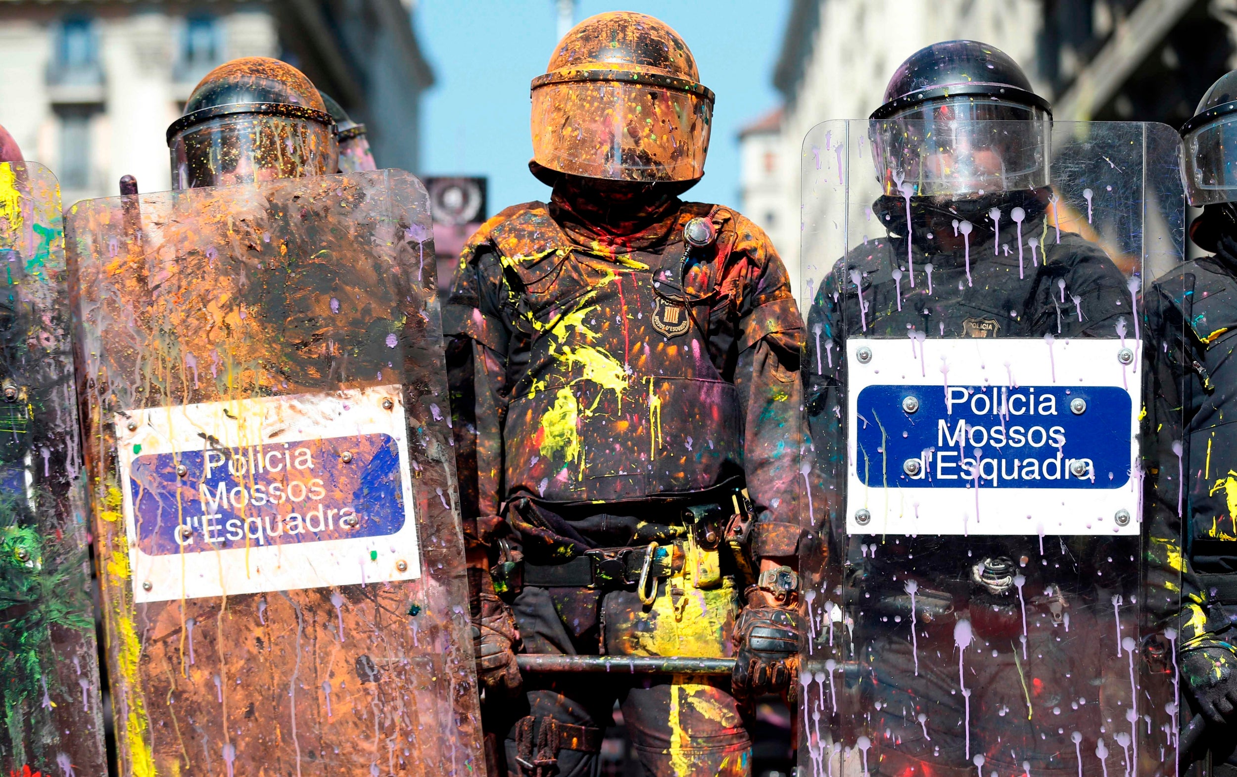 Riot police covered in paint (AFP/Getty )