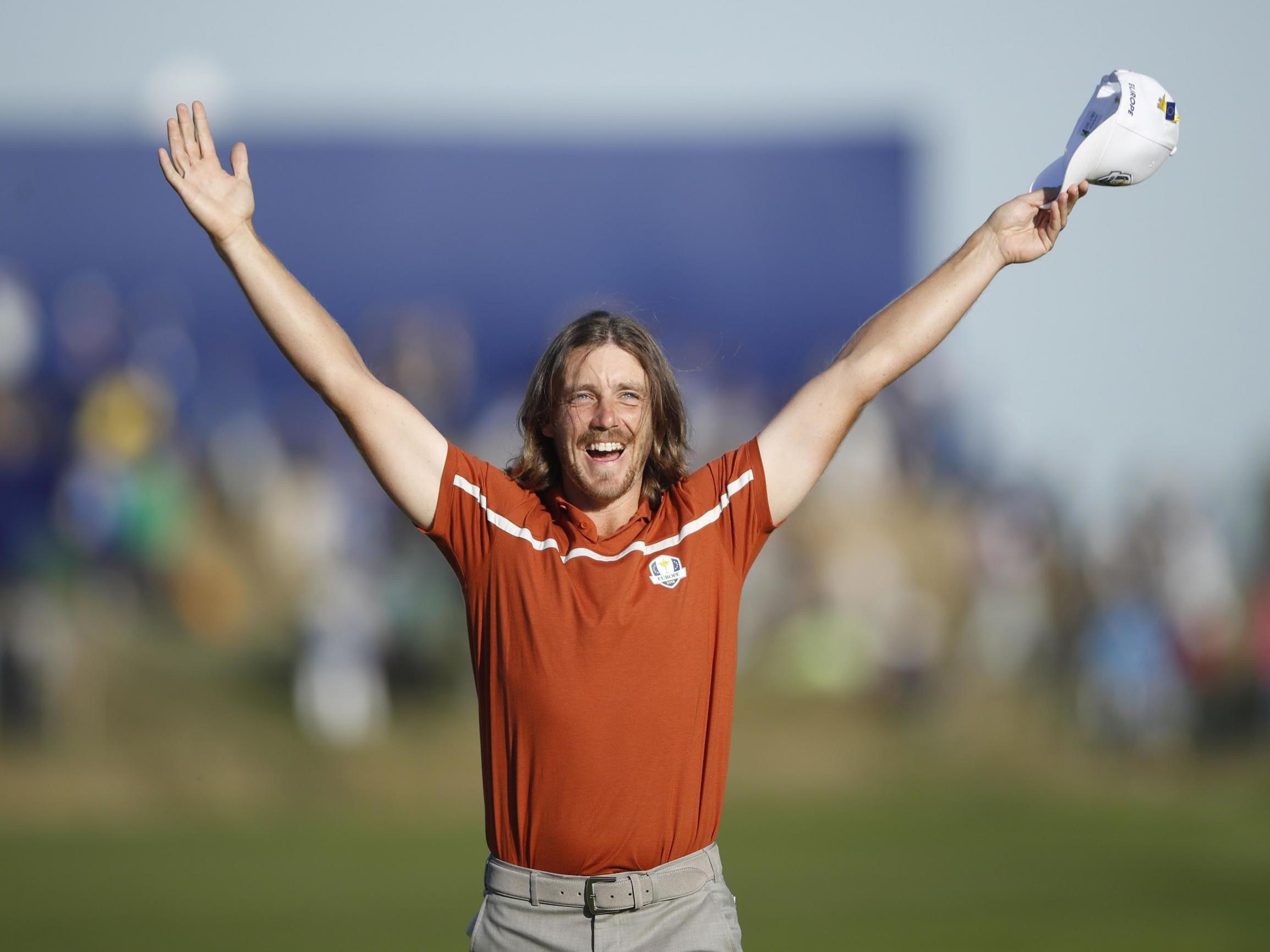 Team Europe's Tommy Fleetwood celebrates during the Foursomes