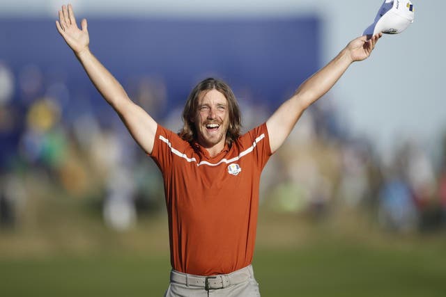 Team Europe's Tommy Fleetwood celebrates during the Foursomes