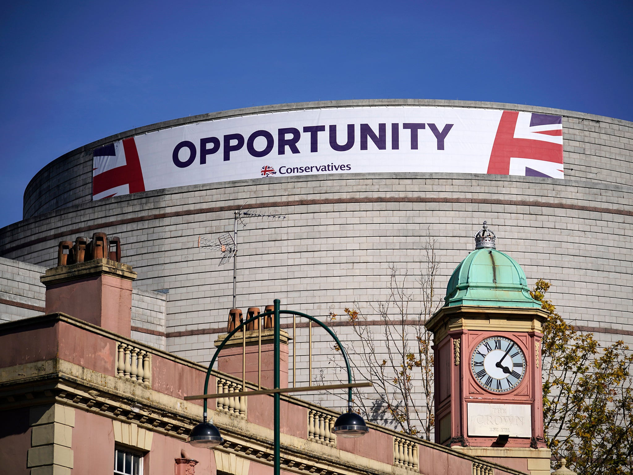 BIRMINGHAM, ENGLAND - SEPTEMBER 29: A Conservatie party banner hangs from the International Convention Centre