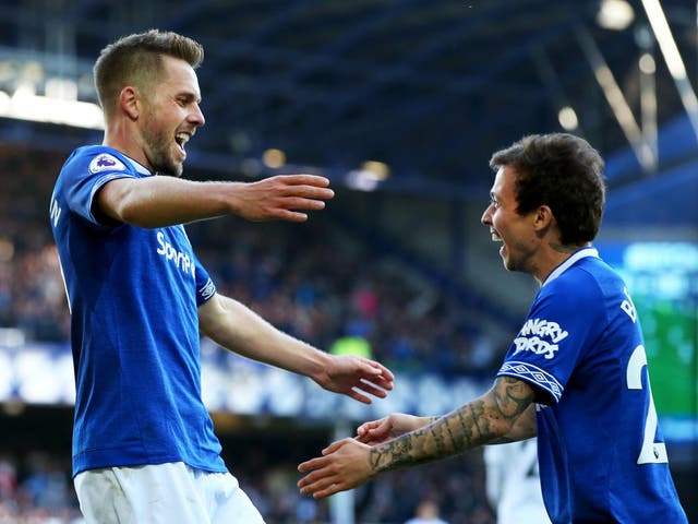 Gylfi Sigurdsson of Everton celebrates with Bernard