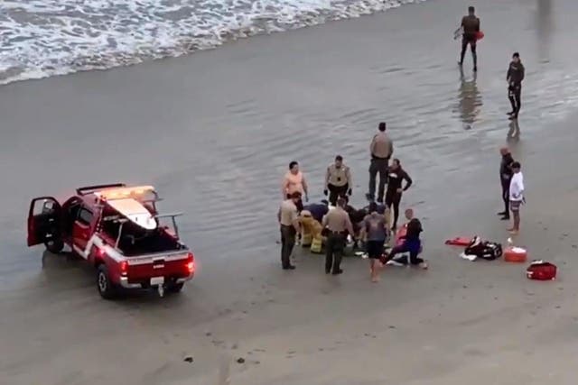 A shark attack victim is pulled ashore at Beacon’s Beach