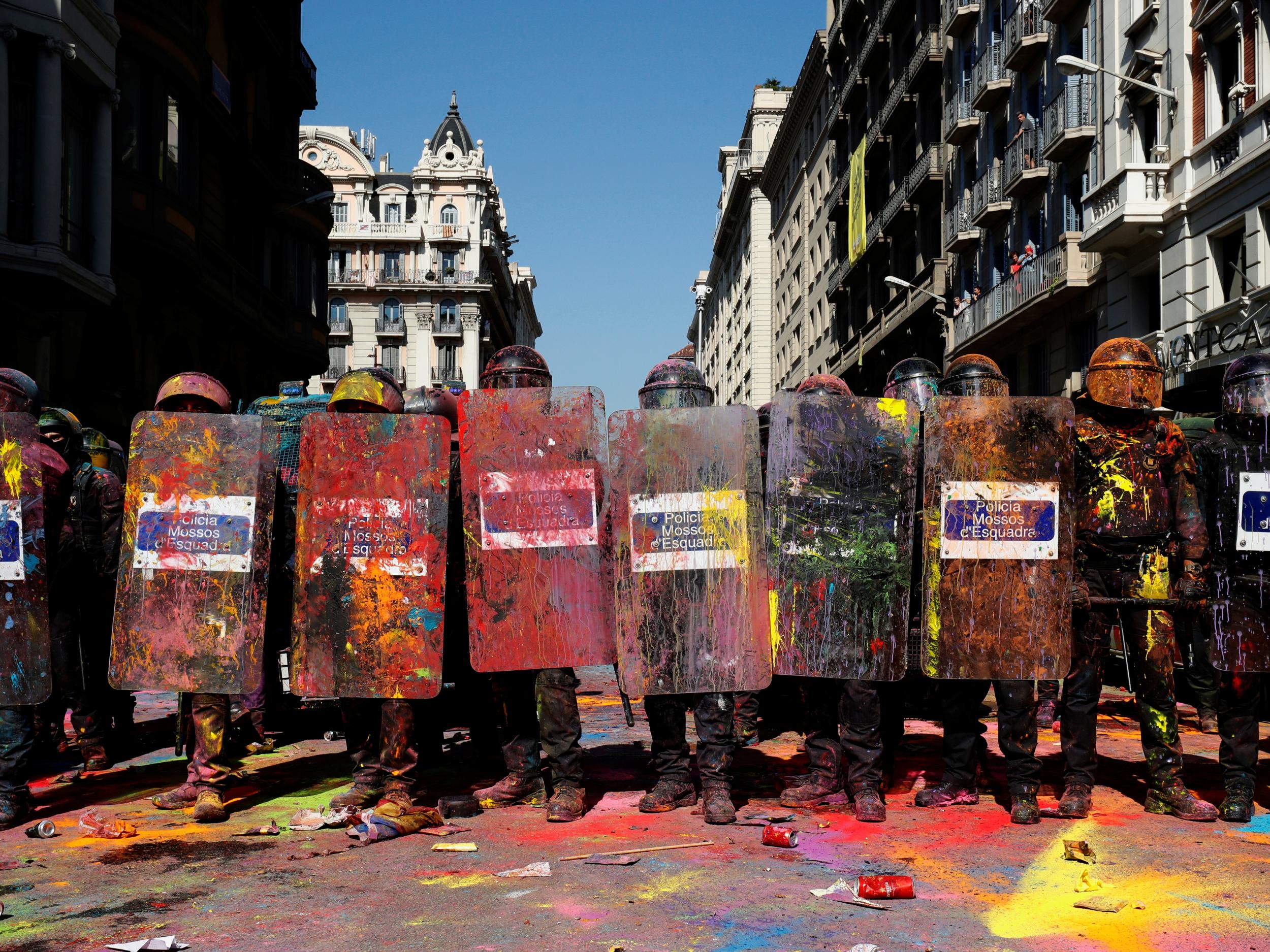 Police officers in Barcelona on Saturday at a protest by separatists