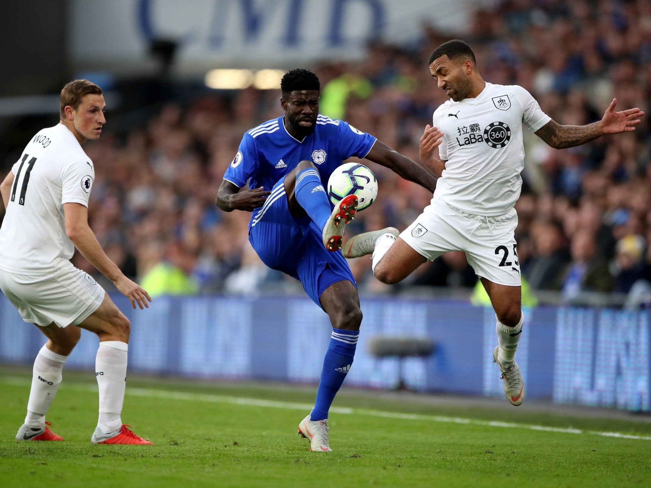 Cardif’s Bruno Ecuele Manga fights for the ball