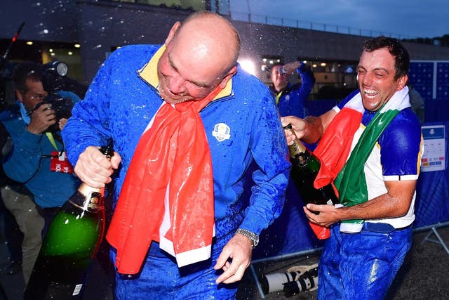 Europe captain Thomas Bjorn is doused in champagne