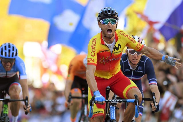 Alejandro Valverde celebrates his victory on the line