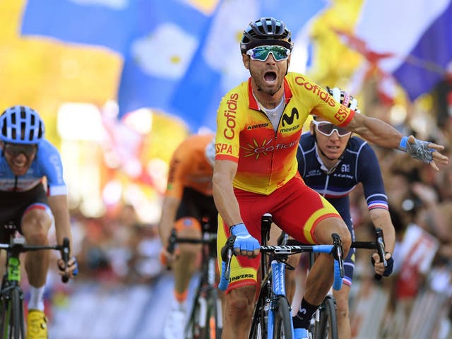 Alejandro Valverde celebrates his victory on the line