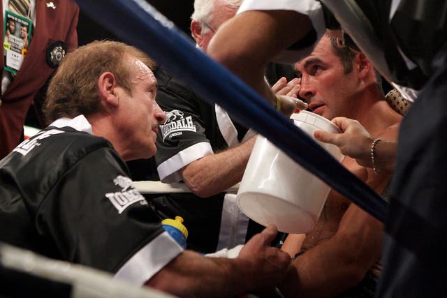 Joe Calzaghe gets instructions in the corner from his father and trainer Enzo during his light-heavyweight bout with Bernard Hopkins on 19 April 2008 in Las Vegas, Nevada