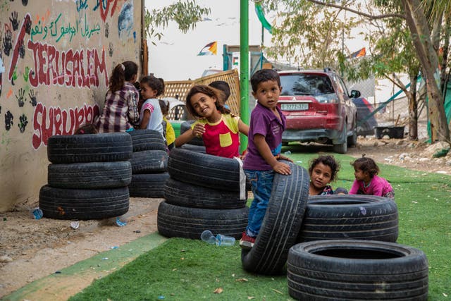 Palestinian children play in the school of Khan al-Ahmar which Israel has ordered to be demolished
