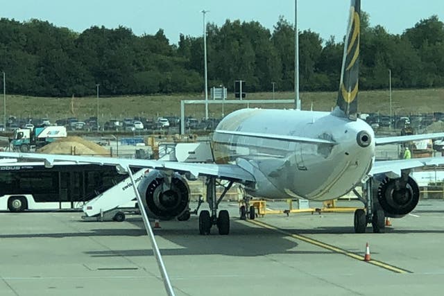 Going nowhere: Primera Air aircraft at Stansted Airport, believed to be the plane impounded for non-payment of charges