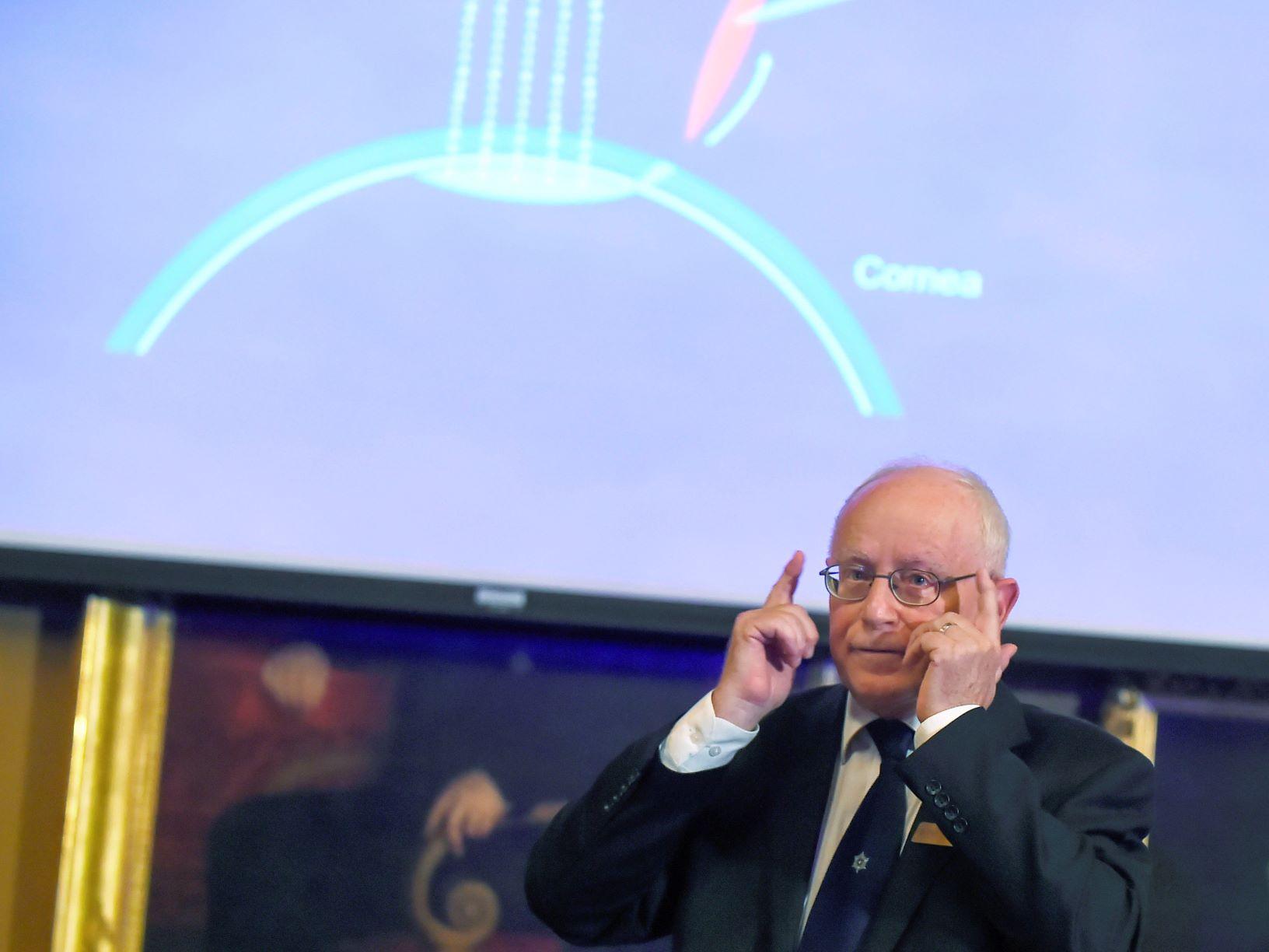 Member of the Nobel Committee for Physics Mats Larsson gives explanations on the field of research of the winners of the 2018 Nobel Prize in Physics during a press conference at the Royal Swedish Academy of Sciences on October 2, 2018 in Stockholm